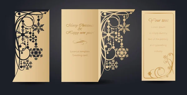 レーザー切断のためのクリスマスグリーティングカードのデザイン お正月とクリスマス封筒 はがき 新年のイベントへの招待状のオープンワークパターン 段ボール プラスチックを切り取ります ベクトルイラスト — ストックベクタ