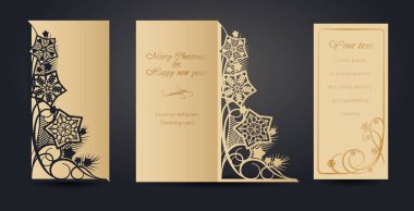 Lazer kesim için Noel tebrik kartı tasarımı. Noel ve yeni yıl. Ajur desen zarflar, kartpostallar, yeni yılı etkinlikleri davetleriniz için. Kesme kağıt, karton, plastik dışarı. Vektör