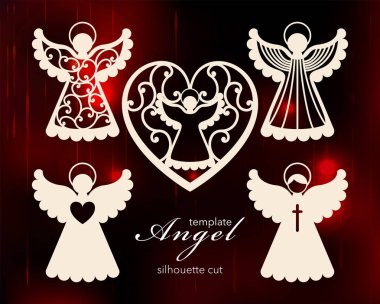 Collection of angels. Laser cut design for Christmas, Valentines day, wedding. A set of templates silhouette cut elements to create a festive decor. Vector illustration. clipart