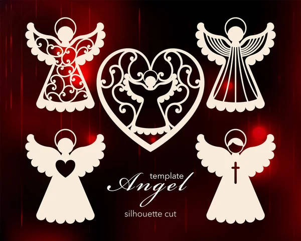 Collection d'anges. Découpe laser pour Noël, Saint Valentin, mariage. Un ensemble de modèles silhouette éléments de coupe pour créer un décor festif. Illustration vectorielle . — Image vectorielle