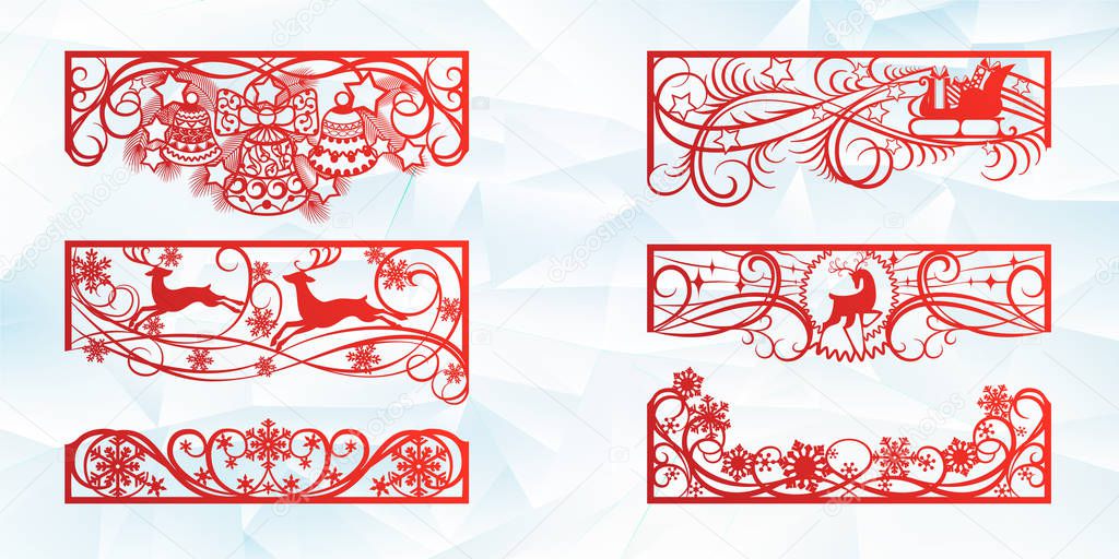 Laser cutting design for Christmas and New Year. Silhouette cut. A set of template of corner and horizontal elements to create a festive decor. Patterns for decorating a rectangular frame and border