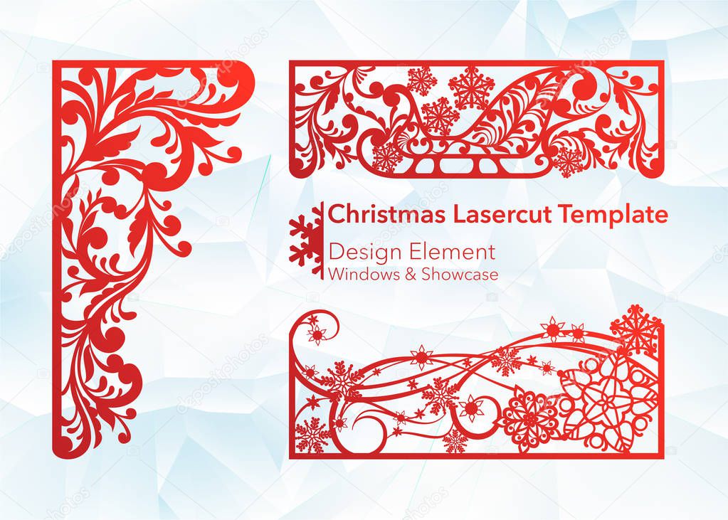 Laser cutting design for Christmas and New Year. Silhouette cut. A set of template of corner and horizontal elements to create a festive decor. Patterns for decorating a rectangular frame and border