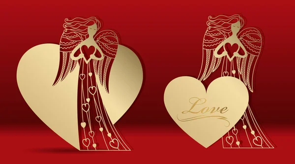 Carte de vœux en or avec un ange pour la découpe laser. Modèle de modèle de sculpture pour les cartes, invitations à la journée des amoureux, mariage, jour de l'ange. Découper du papier, du carton. Vecteur . — Image vectorielle