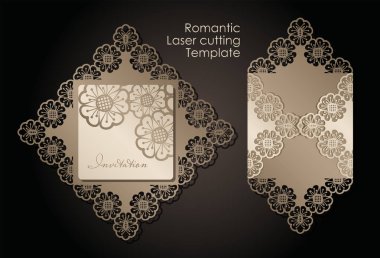 intage zarf ve lazer kesim için davet. Ajur kapak ve kart tasarımı, Sevgililer günü, romantik düğün için. Vektör çizim.