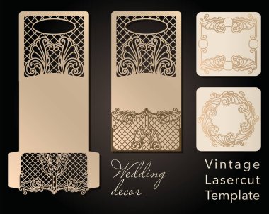 Lazer kesim dekoratif zarf ve tebrik kartı şablonu. Kapak tasarımı, davetiye, düğün, romantik bir parti için art Nouveau tarzı tarihi kaydedin. Vektör çizim.