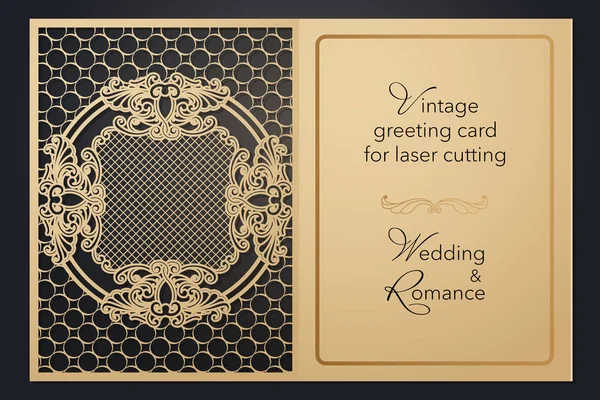 Tarjeta de felicitación vintage para corte por láser. Patrón delicado para boda, fiesta romántica, menú en blanco, carpeta de cubierta para la presentación . — Vector de stock