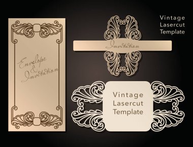 Lazer kesim dekoratif zarf ve tebrik kartı şablonu. Kapak tasarımı, davetiye, düğün, romantik bir parti için art Nouveau tarzı tarihi kaydedin. Vektör çizim.