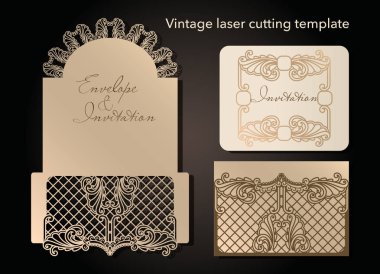 Lazer kesim dekoratif zarf ve tebrik kartı şablonu. Kapak tasarımı, davetiye, düğün, romantik bir parti için art Nouveau tarzı tarihi kaydedin. Vektör çizim.