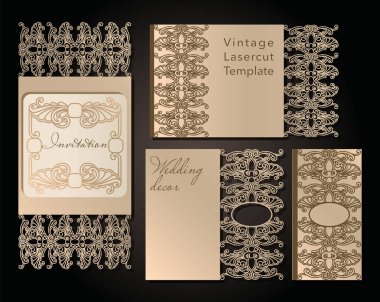 Lazer kesim dekoratif zarf ve tebrik kartı şablonu. Kapak tasarımı, davetiye, düğün, romantik bir parti için art Nouveau tarzı tarihi kaydedin. Vektör çizim.