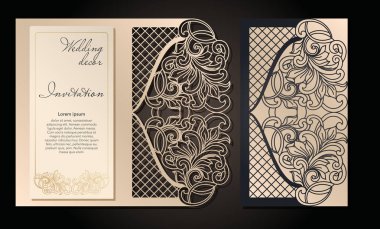 Lazer kesim dekoratif zarf ve tebrik kartı şablonu. Kapak tasarımı, davetiye, düğün, romantik bir parti için art Nouveau tarzı tarihi kaydedin. Vektör çizim.