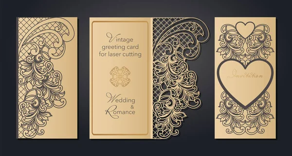 Vintage-Grußkarte zum Laserschneiden. durchbrochene Muster für eine Hochzeit, ein romantisches Fest im Barockstil, Gatsby. — Stockvektor