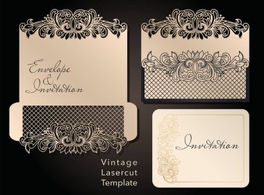 Lazer kesim dekoratif zarf ve tebrik kartı şablonu. Kapak tasarımı, davetiye, düğün, romantik bir parti için art Nouveau tarzı tarihi kaydedin. Vektör çizim.