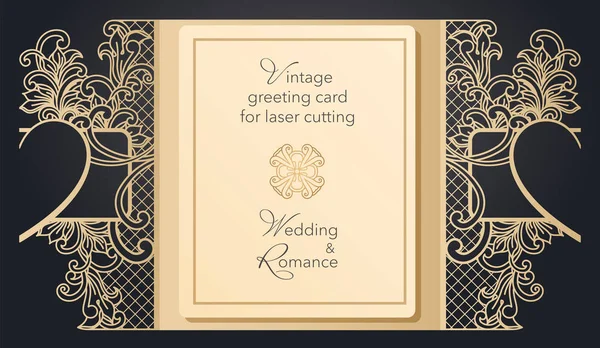 Porte de carte de vœux pliable pour la découpe laser. Modèle délicat pour un mariage, une fête romantique. Conception sculptée pour menus, couvertures, dossiers pour présentations . — Image vectorielle