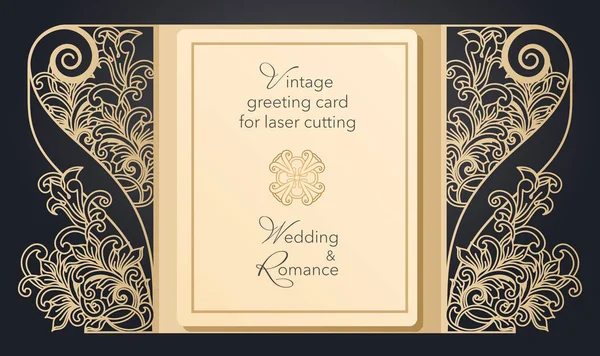 Porta biglietti di auguri pieghevole per taglio laser. Delicato motivo per un matrimonio, una festa romantica. Design intagliato per menu, copertine, cartelle per presentazioni . — Vettoriale Stock