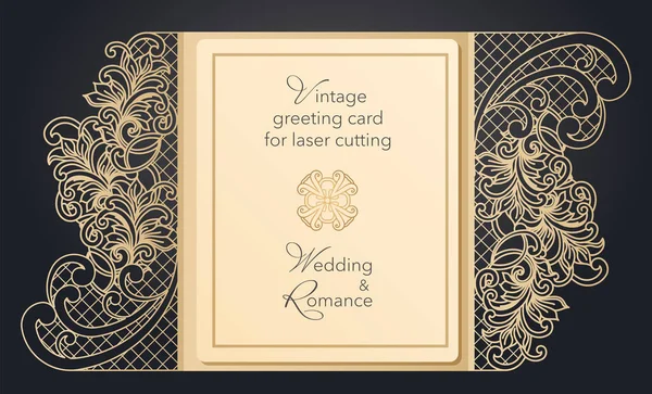 Foldable greeting card gate for laser cutting. Delicate pattern for a wedding, a romantic party. Carved design for menus, covers, folders for presentations. — Stock Vector