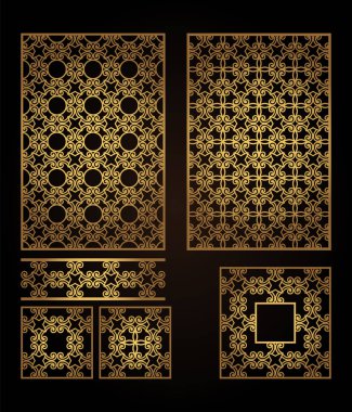 Lazer kesme ahşap dekoratif paneller bir dizi. İç Dekorasyon, bölümleri, duvarlar, arka planlar oluşturmak için desen.