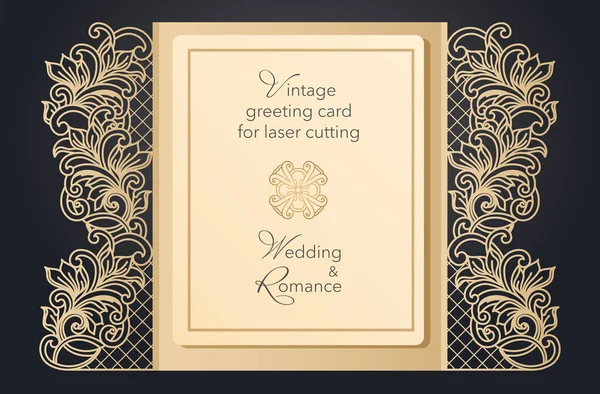 Porta biglietti di auguri pieghevole per taglio laser. Delicato motivo per un matrimonio, una festa romantica. Design intagliato per menu, copertine, cartelle per presentazioni . — Vettoriale Stock