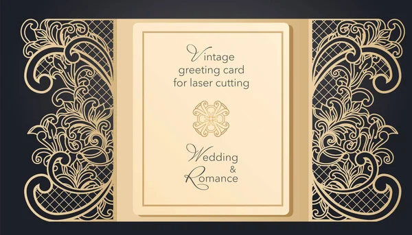 Πτυσσόμενα ευχετήρια κάρτα πύλη για κοπή με laser. Λεπτή μοτίβο για ένα γάμο, ένα ρομαντικό μέρος. Σκαλιστό σχέδιο για τα μενού, καλύπτει, φακέλους για παρουσιάσεις. — Διανυσματικό Αρχείο