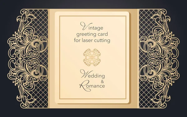 レーザー切断のためのゲートを折り畳み式のグリーティング カード 結婚式は ロマンチックなパーティーの繊細なパターン メニューの彫刻のデザインをカバーし プレゼンテーション用フォルダー — ストックベクタ