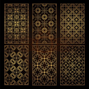 Lazer kesim için dekoratif desenler bir dizi. Metal, ahşap, kağıt, gravür, şablon için dikdörtgen geometrik desen ile. Vektör illüstrasyon tasarımı