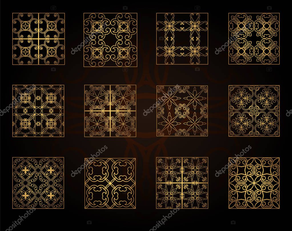 A set of decorative patterns for laser cutting. A through rectangular geometric pattern for metal, wood, paper, engraving, stencil. Vector illustration design