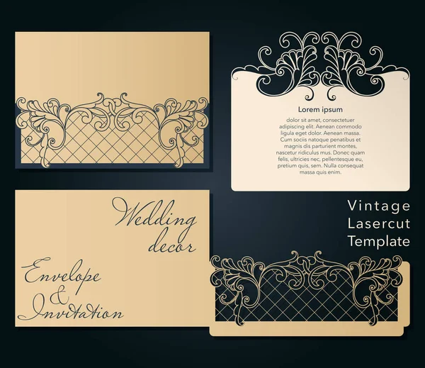 Durchbrochene Schablone zum Laserschneiden. Wirbel dekorative Hochzeitseinladung Umschlag. — Stockvektor
