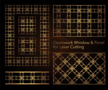 Lazer kesim için dekoratif desenler bir dizi. Metal, ahşap, kağıt, gravür, şablon için dikdörtgen geometrik desen ile. Vektör illüstrasyon tasarımı.