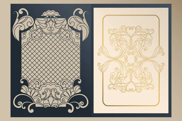 Couvercle ajouré A4 pour la découpe laser. Dossier de félicitations unique et doublure en feuille avec des ornements en or pour les salutations, les invitations de mariage, enregistrez la date. Cadre vintage, couverture antique . — Image vectorielle