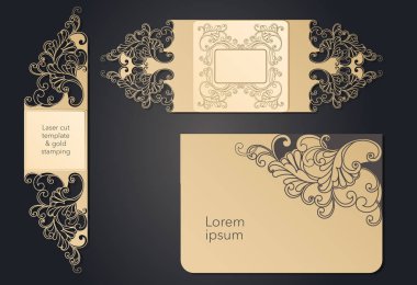 Lazer kesim için şablon. Şenlikzarfının açılış düzeni, metniniz için bir kartpostal, bir etiket, çiçeklerde bir not. Düğün, romantik parti, tarih, hediye.
