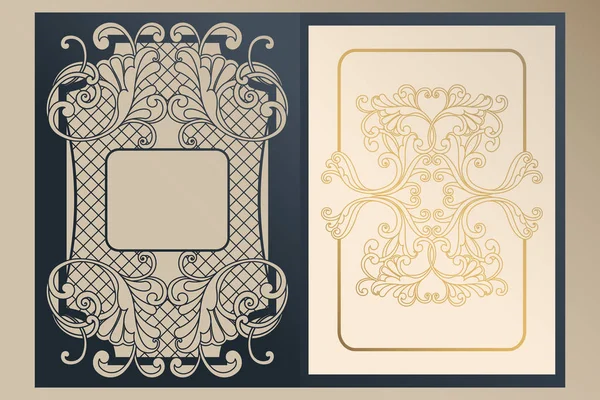 A4 opengewerkte dekking voor lasersnijden. Unieke felicitatie map en blad voering met gouden sieraden voor groeten, bruiloft uitnodigingen, sla de datum. Vintage frame, antieke cover. — Stockvector