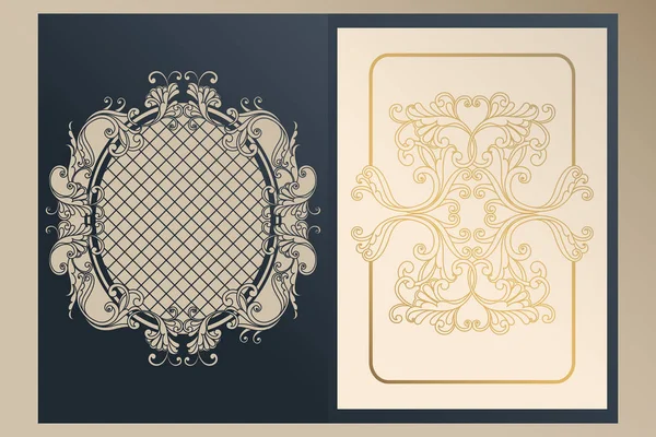 Couvercle ajouré A4 pour la découpe laser. Dossier de félicitations unique et doublure en feuille avec des ornements en or pour les salutations, les invitations de mariage, enregistrez la date. Cadre vintage, couverture antique . — Image vectorielle