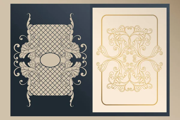 Couvercle ajouré A4 pour la découpe laser. Dossier de félicitations unique et doublure en feuille avec des ornements en or pour les salutations, les invitations de mariage, enregistrez la date. Cadre vintage, couverture antique . — Image vectorielle