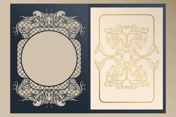 A4 opengewerkte dekking voor lasersnijden. Unieke felicitatie map en blad voering met gouden sieraden voor groeten, bruiloft uitnodigingen, sla de datum. Vintage frame, antieke cover. — Stockvector