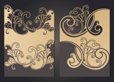 Lazer kesim düğün davetiye şablon dantel modeli vintage tarzı ile. Zarf ile süslü soyut süsleme tebrik kartı için. Ajur vektör siluet.