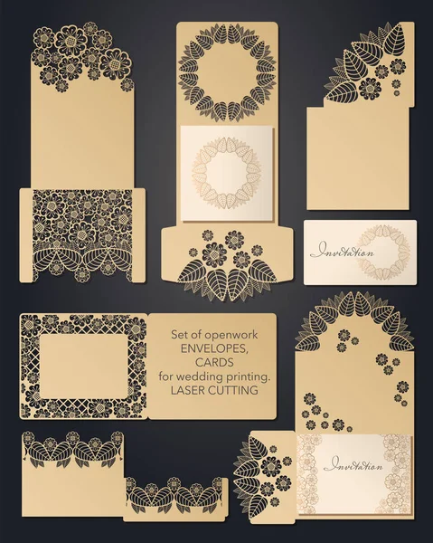 Un conjunto de sobres de boda tallados, bolsillos para el corte por láser. Bolsillo para felicitaciones, invitaciones, tarjetas de boda, fiesta, cita romántica. Conjunto festivo de patrones de encaje calados para cortar papel y — Vector de stock