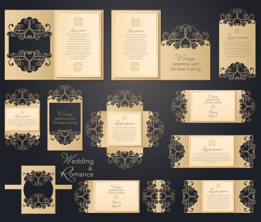 Oymalı düğün zarflar, lazer kesim için cepler kümesi. Tebrikler, davetiye, düğün kartları, parti, Romantik Tarih için cep. Ajur dantel desen kesme kağıt için Festival seti ve