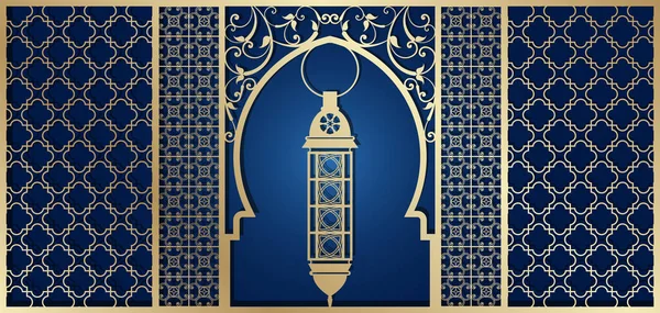 Tarjeta de felicitación Ramadan kareem para corte por láser. Patrón tallado en estilo islámico, árabe para invitación de diseño, sobre, bolsillo, fondo para vacaciones y festivales . — Vector de stock