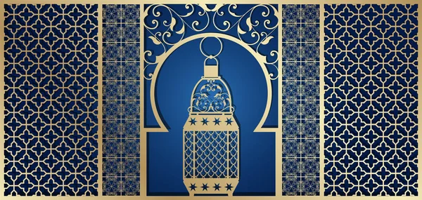 Tarjeta de felicitación Ramadan kareem para corte por láser. Patrón tallado en estilo islámico, árabe para invitación de diseño, sobre, bolsillo, fondo para vacaciones y festivales . — Vector de stock