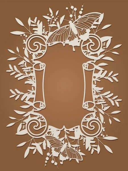 Cartucho de marco de flores para corte por láser. Borde de hoja vintage, torbellino de estilo antiguo, diseño de elementos decorativos para bodas y diseño festivo. Etiqueta, tarjeta, invitación, decoración, sobre, cubierta — Vector de stock