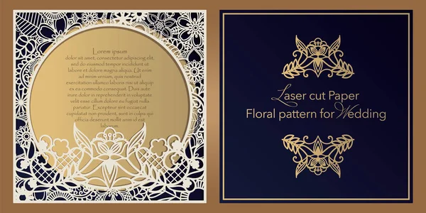 Laser cut paper for weddings. Floral design envelope, invitation, badge, square frame for gift and congratulations. Openwork cut of paper, cardboard, wood, plastic. — Stock Vector