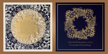 Zarf tasarımı, lazer kağıt kesme davetiyeleri. Çiçek desenli kare cep, bir openwork çerçeve ve düğün için altın kabartmalı kart, şenlikli, tebrik yalan makinesi.