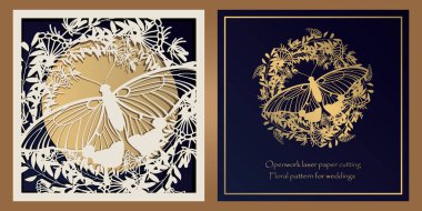Zarf tasarımı, lazer kağıt kesme davetiyeleri. Çiçek desenli kare cep, bir openwork çerçeve ve düğün için altın kabartmalı kart, şenlikli, tebrik yalan makinesi.