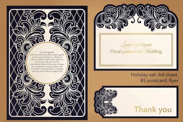 Laserschneiden von Papier für Hochzeiten. Blumenmuster für a4 Briefpapier, Umschlag, Einband, Mappe, Einladung, quadratischen Rahmen zum Schreiben und Grüßen. durchbrochenes Schnittpapier für Papier, Karton. Platz für Text. — Stockvektor