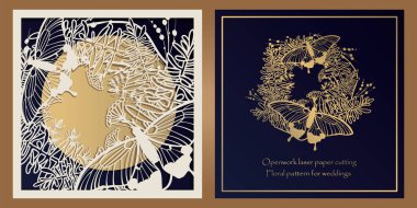 Zarf tasarımı, lazer kağıt kesme davetiyeleri. Çiçek desenli kare cep, bir openwork çerçeve ve düğün için altın kabartmalı kart, şenlikli, tebrik yalan makinesi.