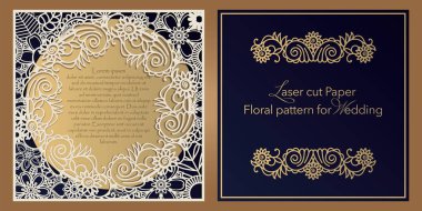 Düğünler için lazer kesim kağıt. Çiçek tasarım zarf, davetiye, rozet, hediye ve tebrikler için kare çerçeve. Kağıt, karton, ahşap, plastik openwork kesim.