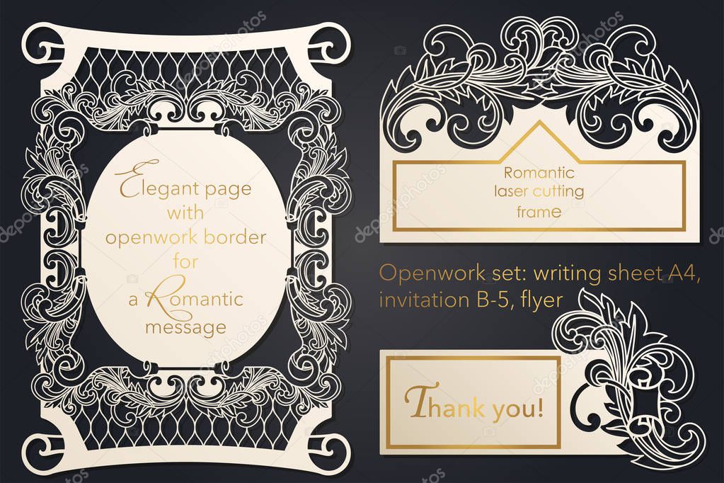 Openwork blank design for laser paper cutting. Template wedding cards, paper lace card, a template for cutting, floral pattern.