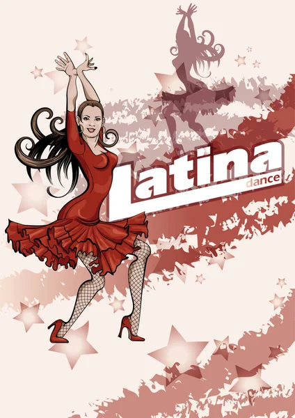 Cartel para una fiesta de baile latino. Mujer en vestido rojo está bailando salsa. Dibujo vectorial — Vector de stock