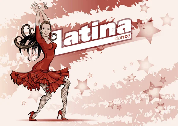 एक लैटिन नृत्य पार्टी के लिए पोस्टर। लाल पोशाक में महिला साल्सा नृत्य कर रही है. वेक्टर स्केच ड्राइंग — स्टॉक वेक्टर