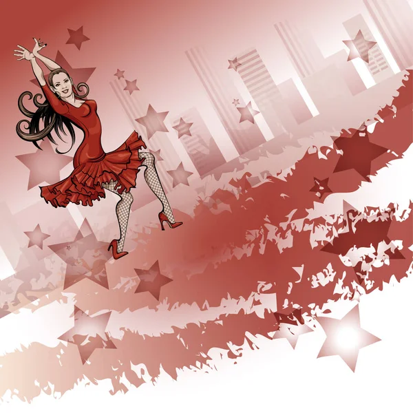 Cartel para una fiesta de baile latino. Mujer en vestido rojo está bailando salsa. Dibujo vectorial — Vector de stock