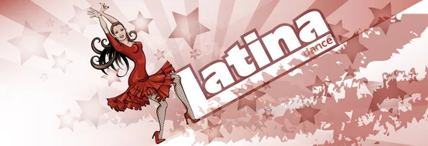 Cartel para una fiesta de baile latino. Mujer en vestido rojo está bailando salsa. Dibujo vectorial — Vector de stock